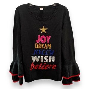Holiday Time Size L (12-14) Black  Christmas Sweater w/Ruffled Sleeves & Sequins